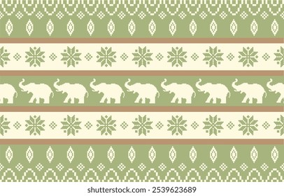 Elephant ethnic pattern. White stripes, green background. Design for wallpaper,carpet, clothing, fashion, fabric.