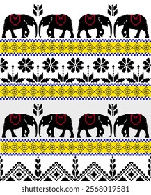 Elephant fabric pattern Pixel geometric ethnic embroidery traditional style,damask,textile illustration