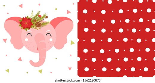 Elephant face with Christmas wreaths on the head. Cute Christmas animal and background for children's holiday or christmas for party decoration, wrapping paper, wallpaper, cards, invitations and greet