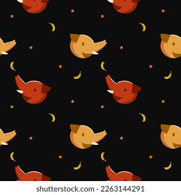 Elephant face red and yellow color.cartoon so cute. On star banana black ground.pattern seamless vector illustration.
