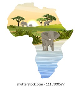 Elephant family in the African savannah. Lake, watering place. Realistic vector landscapes in the form of a map of the continent of Africa. The nature of Africa. Reserves and national parks.