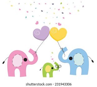 Elephant family baby greeting card vector background 