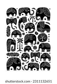 Elephant family, black silhouette art. Ethnic ornament for your design