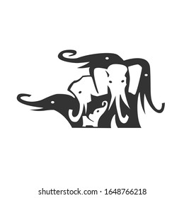 Elephant family. Black and white logo. Vector illustration.