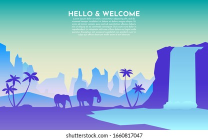 The elephant family came to the water. Waterfall on mountains background. Blue, purple, green gradient. Palms. Abstract landscape. Vector banner polygonal landscape illustration. Minimalistic style.