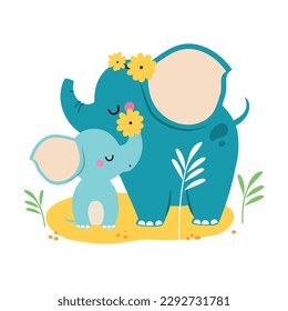 Elephant family. Cute mom elephant hugging her baby cartoon vector illustration