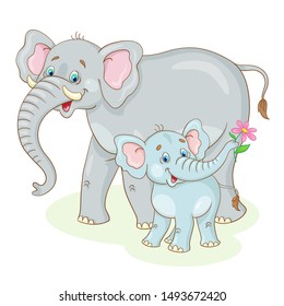 Elephant family. Dad elephant and cute elephant baby. In cartoon style. Isolated on white background. Vector illustration.