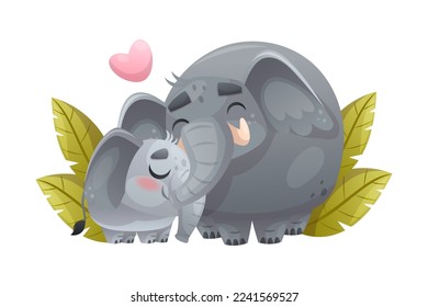 Elephant Family with Dad and Sweet Baby Cuddling Together Vector Illustration