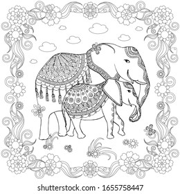 Elephant family doodle sketch, floral frame. Animal outline hand drawn ink monochrome art design element for web, for print, for coloring book, for t-shirt print, for tattoo.