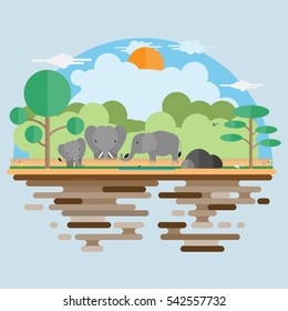 Elephant Family in the forest flat scene background vector design. 