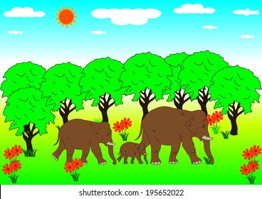 Elephant family at forest Green. Vector.