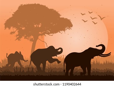 Elephant. Family. Landscape. Vector illustration.