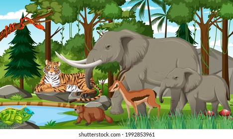 Elephant family with other wild animals in forest scene illustration