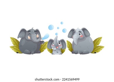 Elephant Family with Parent and Sweet Baby Blowing Soap Bubbles Vector Illustration