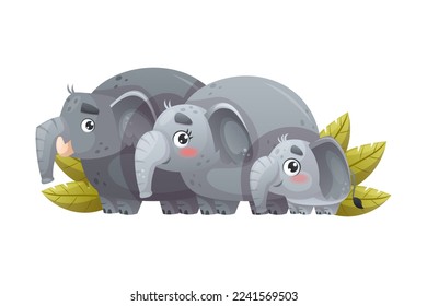 Elephant Family with Parent and Sweet Baby Standing Together in Green Foliage Vector Illustration