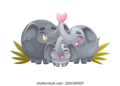 Elephant Family with Parent and Sweet Baby Standing Together with Love Heart Vector Illustration