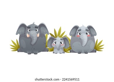 Elephant Family with Parent and Sweet Baby Sitting Together in Green Foliage Vector Illustration