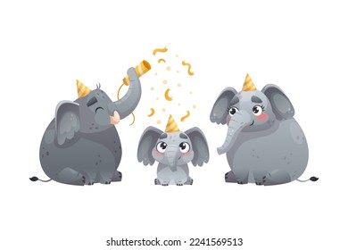 Elephant Family with Parent and Sweet Baby in Birthday Hat Celebrating Holiday with Party Popper Vector Illustration