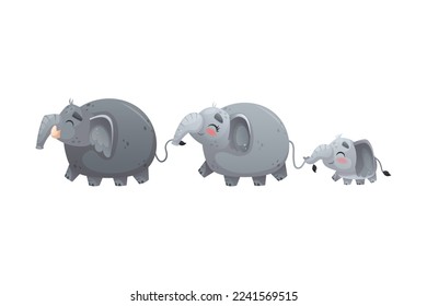 Elephant Family with Parent and Sweet Baby Walking Holding Tails Vector Illustration