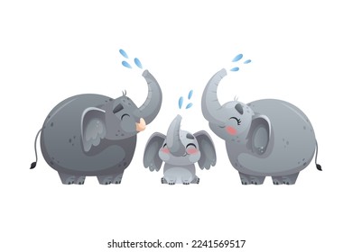 Elephant Family with Parent and Sweet Baby Sprinkling Water Vector Illustration