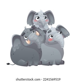 Elephant Family with Parent and Sweet Baby Sitting Together Vector Illustration