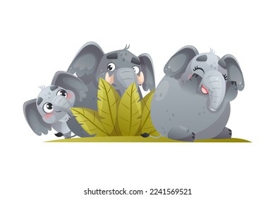 Elephant Family with Parent and Sweet Baby Playing Hide-and-seek Together Vector Illustration