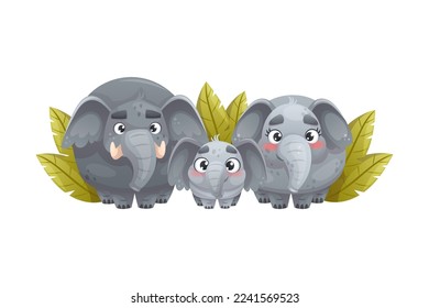 Elephant Family with Parent and Sweet Baby Standing Together Among Green Foliage Vector Illustration