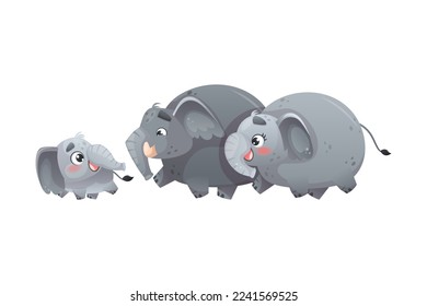 Elephant Family with Parent and Sweet Baby Walking Together Vector Illustration