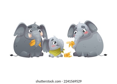 Elephant Family with Parent and Sweet Baby Eating Banana Together Vector Illustration