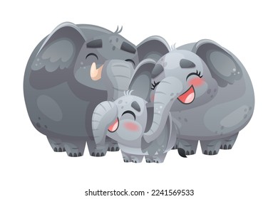 Elephant Family with Parent and Sweet Baby Cuddling Together Vector Illustration