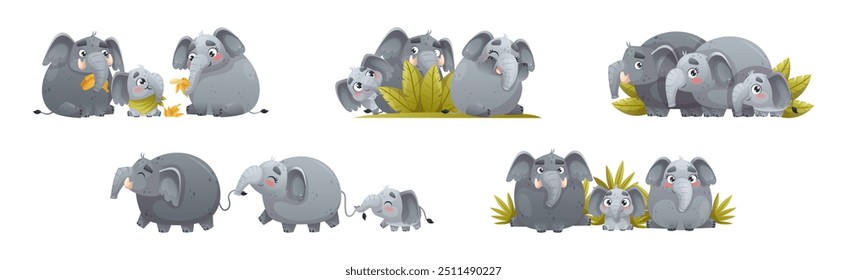 Elephant Family with Parent and Sweet Baby Together Engaged in Different Activity Vector Set