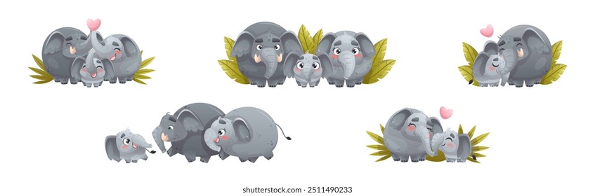 Elephant Family with Parent and Sweet Baby Together Engaged in Different Activity Vector Set