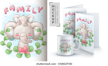 Elephant family - poster and merchandising. Vector eps 10