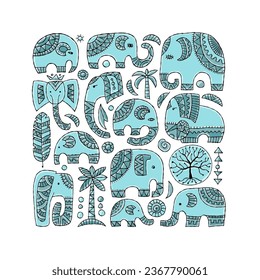 Elephant family. Square frame. Ethnic ornament for your design - cards, wall decor, t-shird design etc