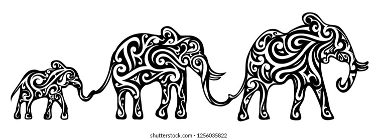 Elephant family as a tribal tattoo shape