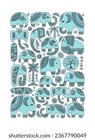 Elephant family. Vertical frame. Ethnic ornament for your design - cards, wall decor, t-shird design etc