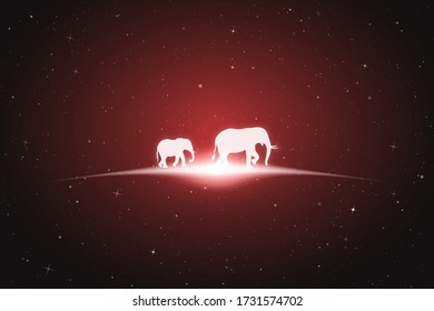 Elephant family walk in space. Vector conceptual illustration with white silhouettes of endangered animals and glowing outline. Surreal red background for greeting cards, posters and other design