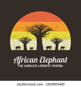 Elephant family walking between baobab trees. Retro illustration with big animals isolated silhouettes in savannah. Multicolor texture background. Vector design for prints, t-shirts