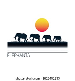 Elephant family walking on grass. Retro illustration with big animals black silhouettes. Wild nature. Orange sun on white background. Vector design for prints, t-shirts, posters, decor