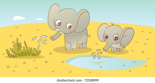 elephant family, wild animals savanna drawings