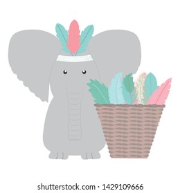 elephant with feathers hat and basket straw bohemian style