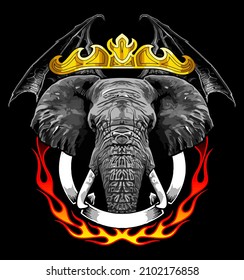 Elephant And Fire On The Background Of Bat Wings, T-shirt Design, Biker, Motorcycle Club, Patch, Naked Bike, Cool Helmet, Arai, Shoei, Ls2, Agv, Shovelhead Engine, Panhead, Knucklehead, Nmax, Aerox, 