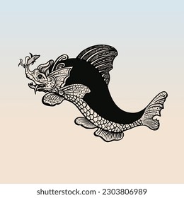 Elephant Fish from Chinese Mythology. Vector lines fish with trunk