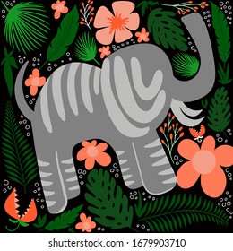 elephant flat hand drawn illustration. palm leaves, flowers, monstera, wild african rainforest, jungle animal vector poster