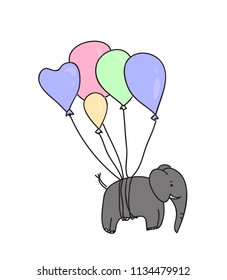 elephant flies on air balloons, vector, white background
