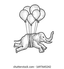 Elephant flies on balloons sketch engraving vector illustration. T-shirt apparel print design. Scratch board imitation. Black and white hand drawn image.