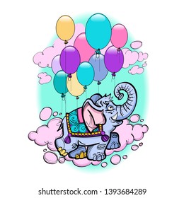 Elephant flies on flying balloons in pink clouds on a white background. Cartoon style.