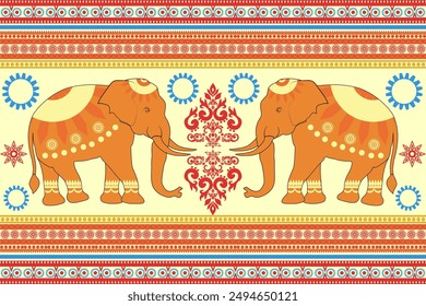 elephant Floral background, geometric oriental seamless pattern, traditional blue, orange, yellow design for background, carpet, wallpaper, clothing, wrapping, batik, fabric, Vector embroidery pattern