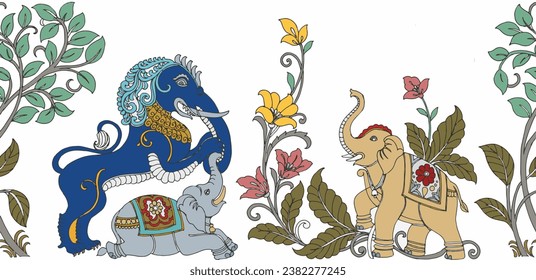 elephant with flower. hand drawn tropical indian seamless vector. mughal art pattern.