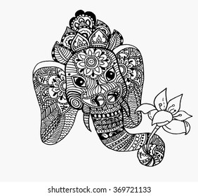 Elephant with a flower in his trunk stylized fantasy patterned. Hand drawn vector illustration with traditional oriental floral elements. Elephant with a flower in his trunk picture . 